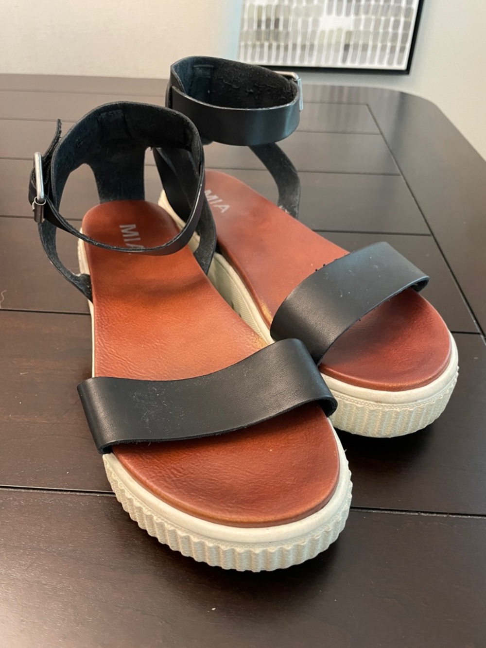 MIA Black Strap Platform Sandals with Brown Insole